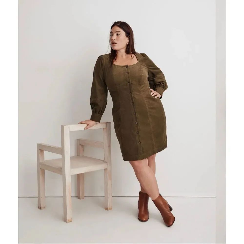 Madewell Esti Corduroy Dress Olive Green Long Sleeve 100% Cotton Women’s 16 - Picture 6 of 6